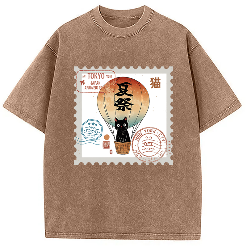 Japanese Cat Stamp Washed T-Shirt