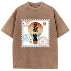 Japanese Cat Stamp Washed T-Shirt