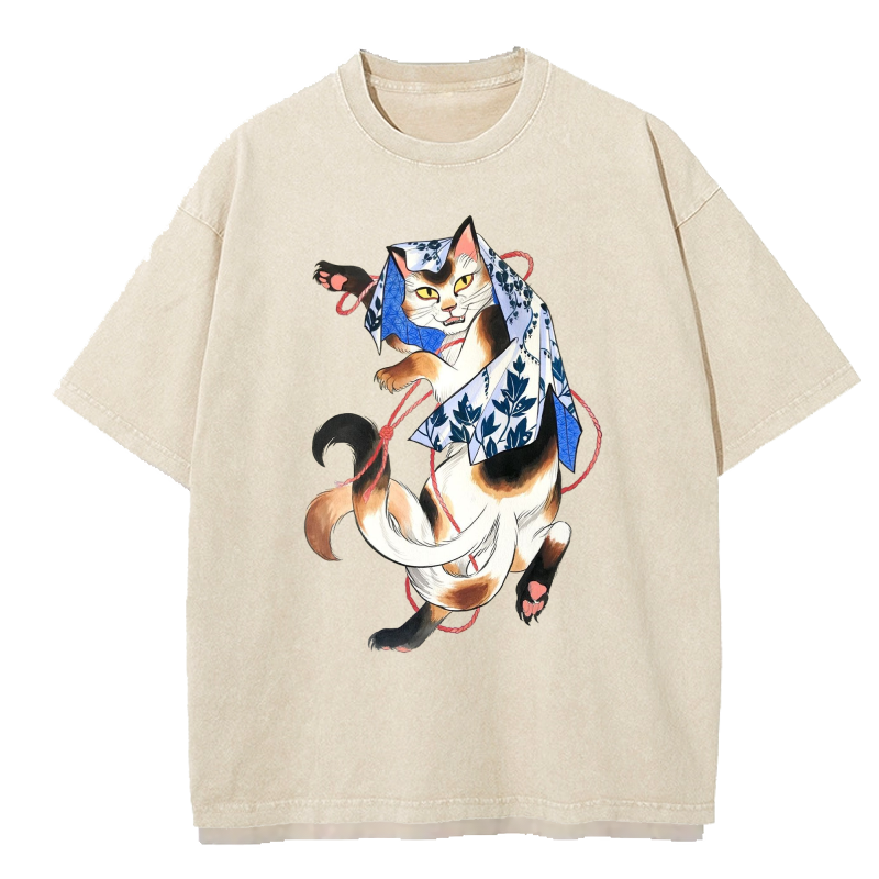 UKIYOE Dancing CAT Washed T-Shirt