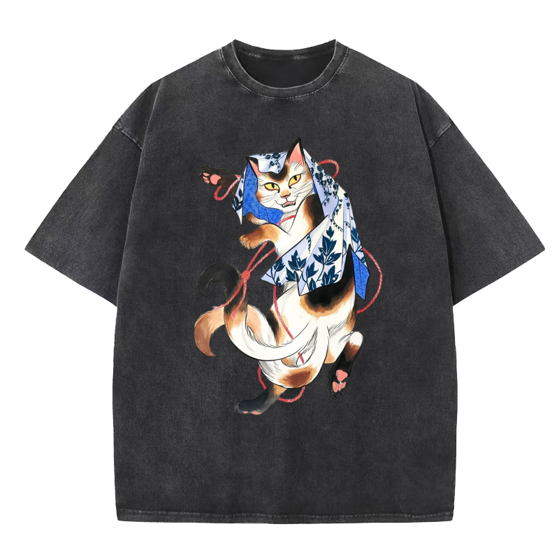 UKIYOE Dancing CAT Washed T-Shirt