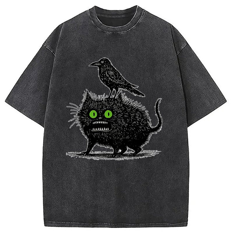 Crow And Black Cat Washed T-Shirt
