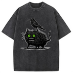 Crow And Black Cat Washed T-Shirt