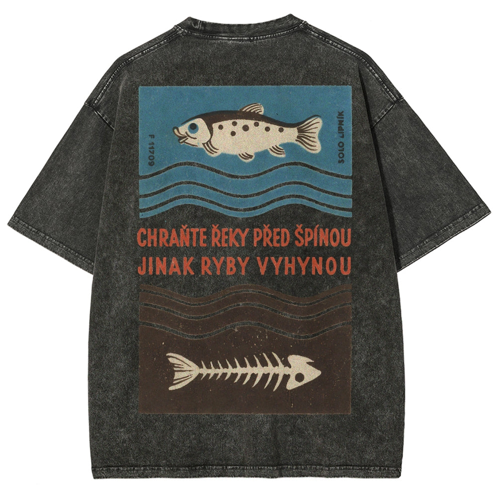 Fish And Fish Bone Washed Vintage Short Sleeves T-Shirt