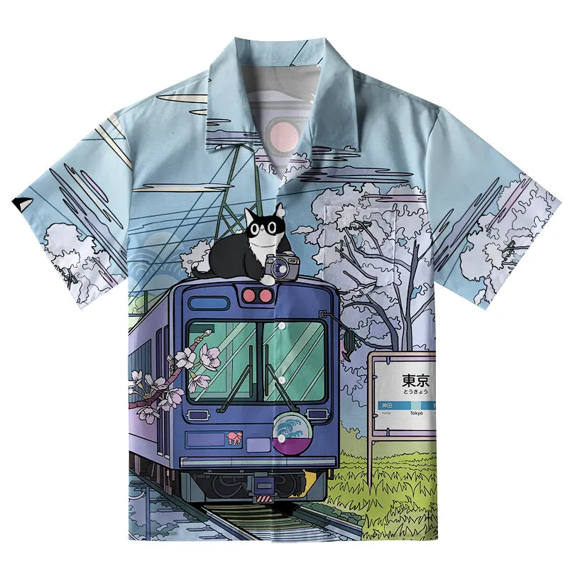 Black Cat On The Train Aloha Hawaiian Shirt