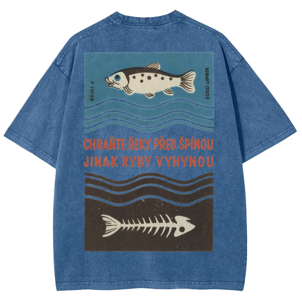 Fish And Fish Bone Washed Vintage Short Sleeves T-Shirt