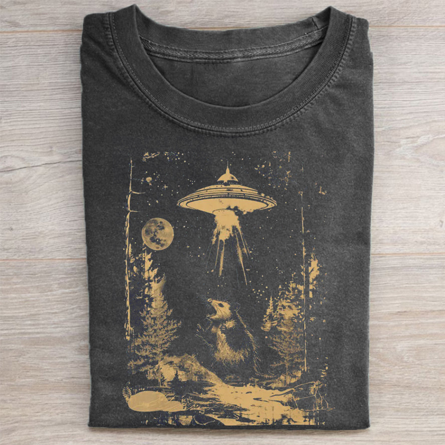 Unisex Retro UFO Opossum Printed Washed Folded T-shirt