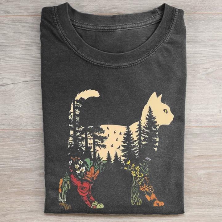 Unisex Boho Cat Plants Printed Washed Folded T-shirt
