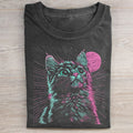 Unisex Psychedelic Cat Printed Washed Folded T-shirt