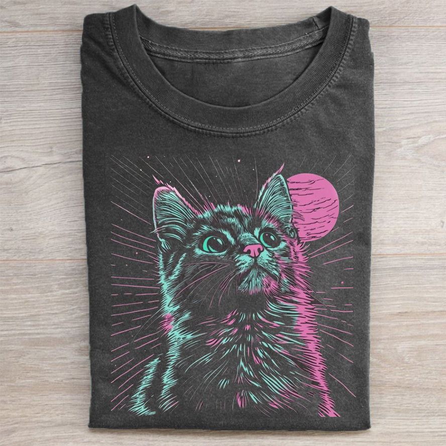 Unisex Psychedelic Cat Printed Washed Folded T-shirt
