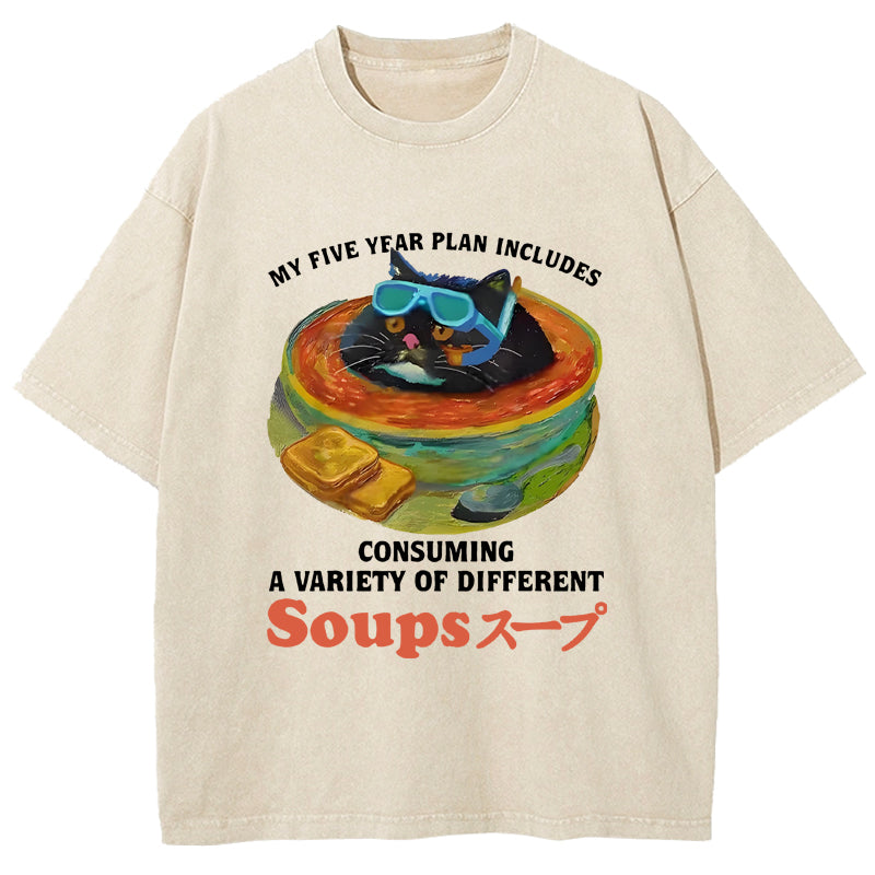 Cat Drinking Soup Washed T-Shirt