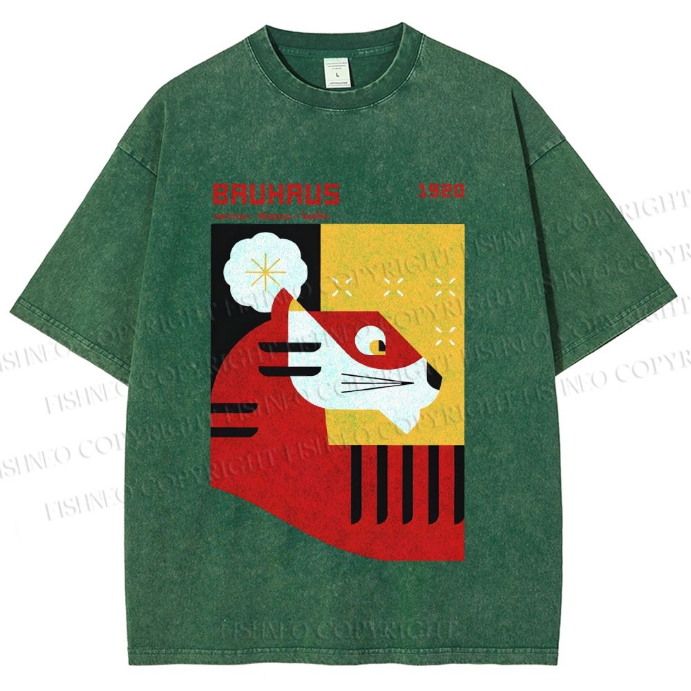 Unisex Bauhaus Red Tiger Printed Washed Tee