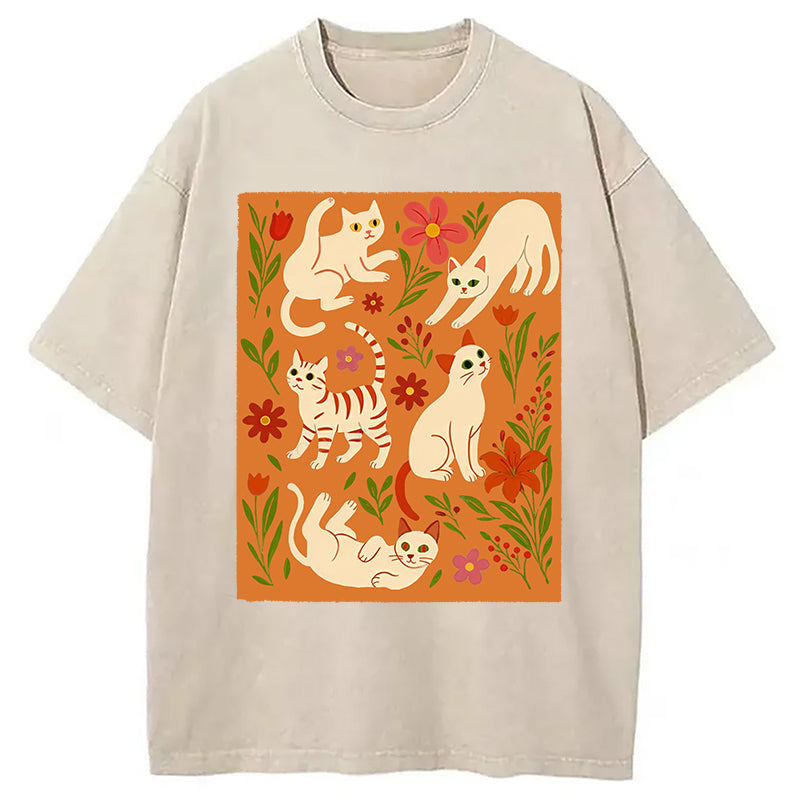 Cats And Flowers Washed T-Shirt