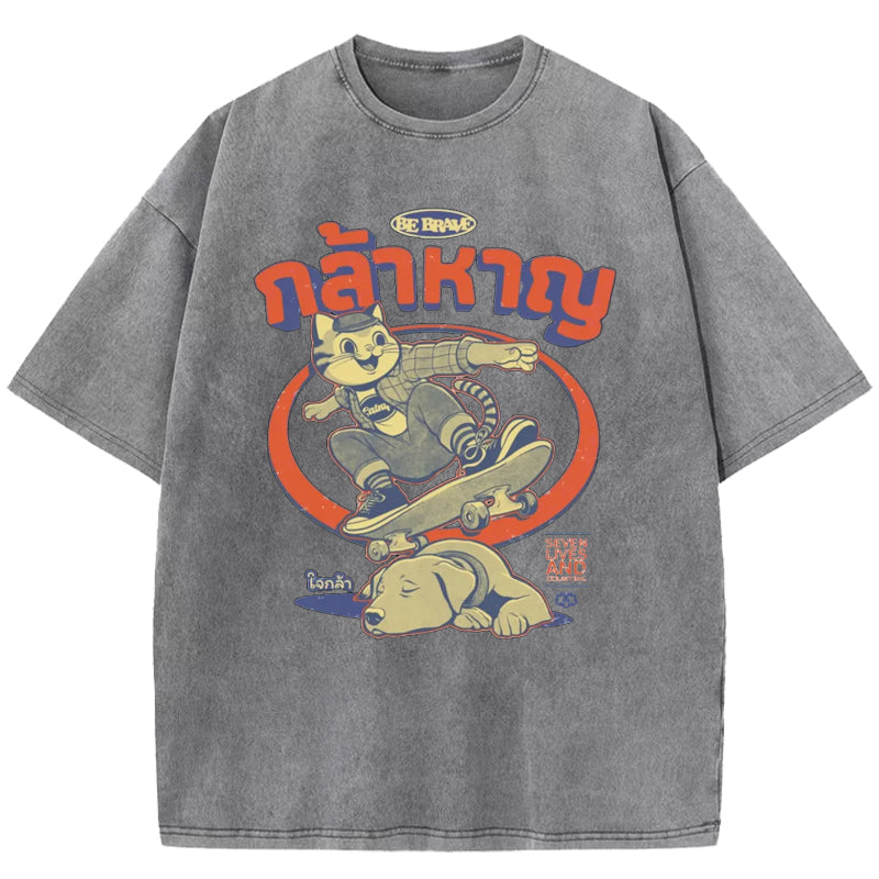 Skateboard Cat Washed T-Shirt