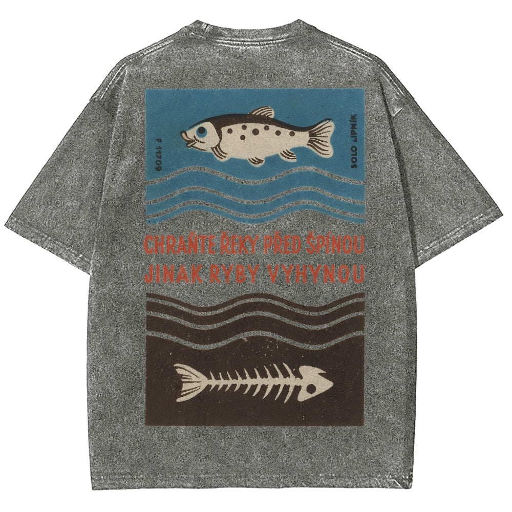 Fish And Fish Bone Washed Vintage Short Sleeves T-Shirt