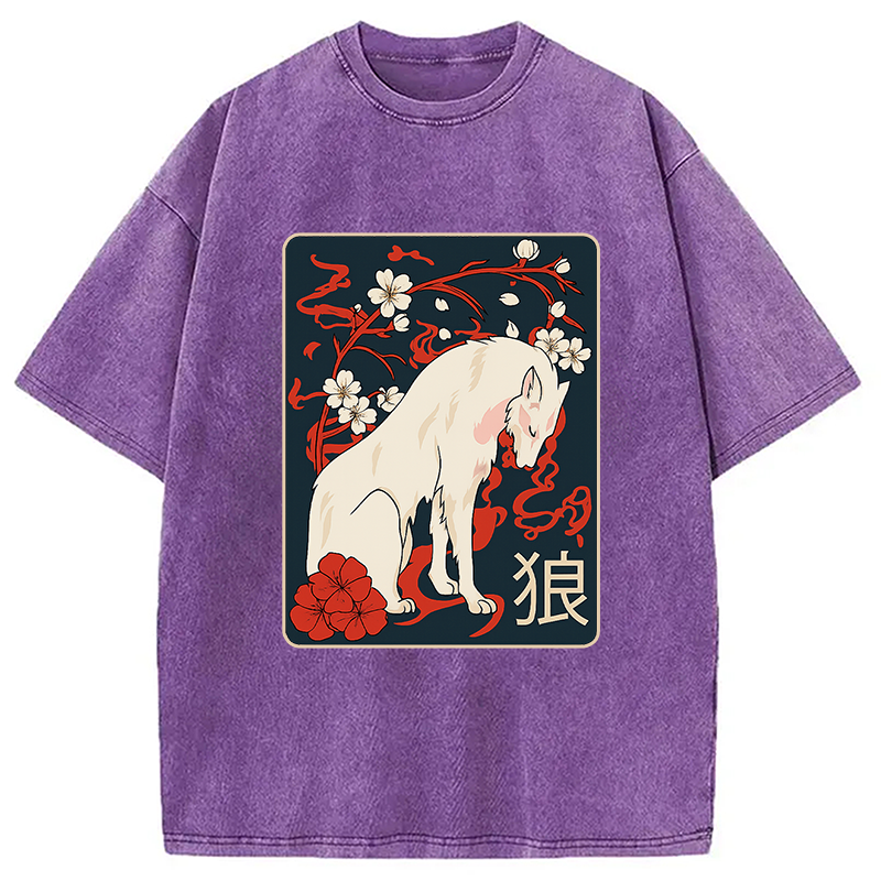 Ancient Japanese Wolf Art Washed T-Shirt