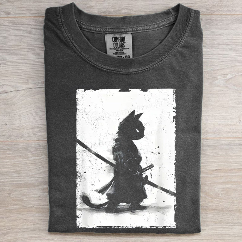 Retro Cat Samurai Japanese T-shirt