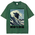 Black Cat Great Wave Vintage Wash Japanese Design T-Shirt