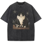 Cute Big Fat Cat Print Washed T-Shirt