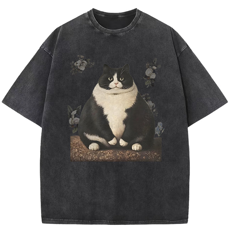 Cute Big Fat Cat Print Washed T-Shirt