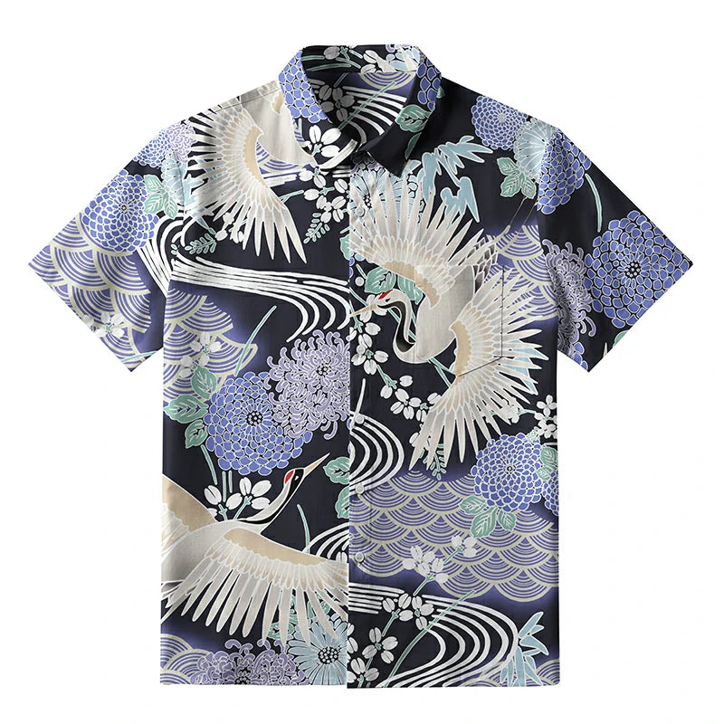 Cranes And Blooms Button-up Shirt