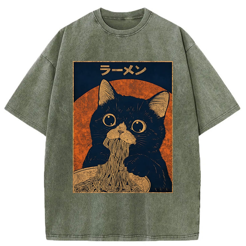 Unisex Retro Black Cat Eats Delicious Ramen Washed T-Shirt