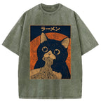 Unisex Retro Black Cat Eats Delicious Ramen Washed T-Shirt