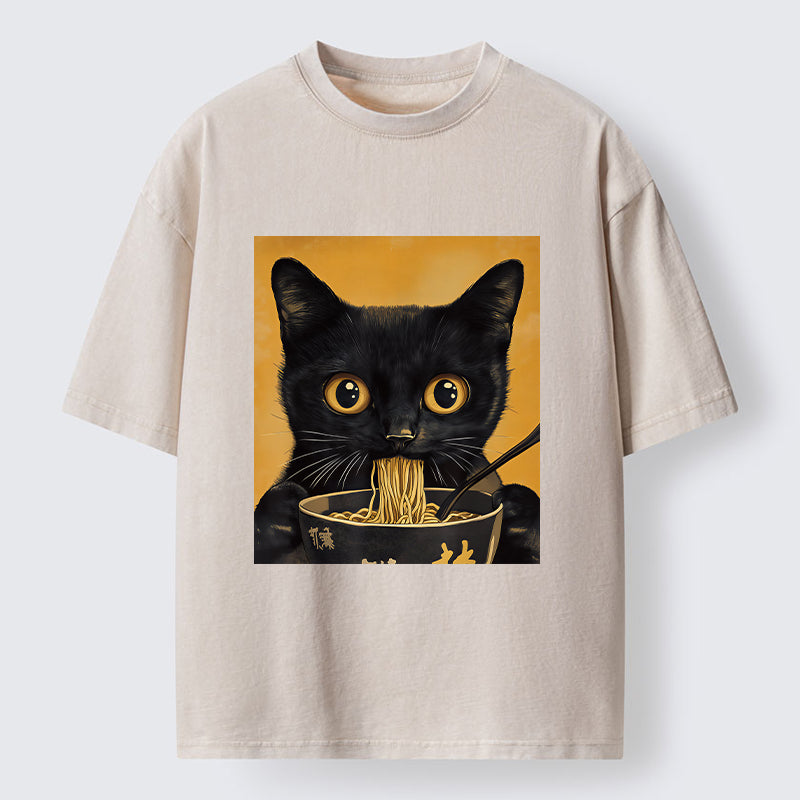 Unisex Cute Black Cat Eating A Big Bowl Of Ramen Washed T-Shirt