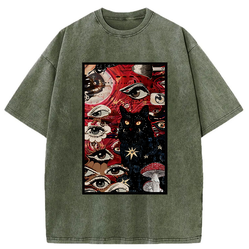 Psychedelic Black Cat Washed T-Shirt