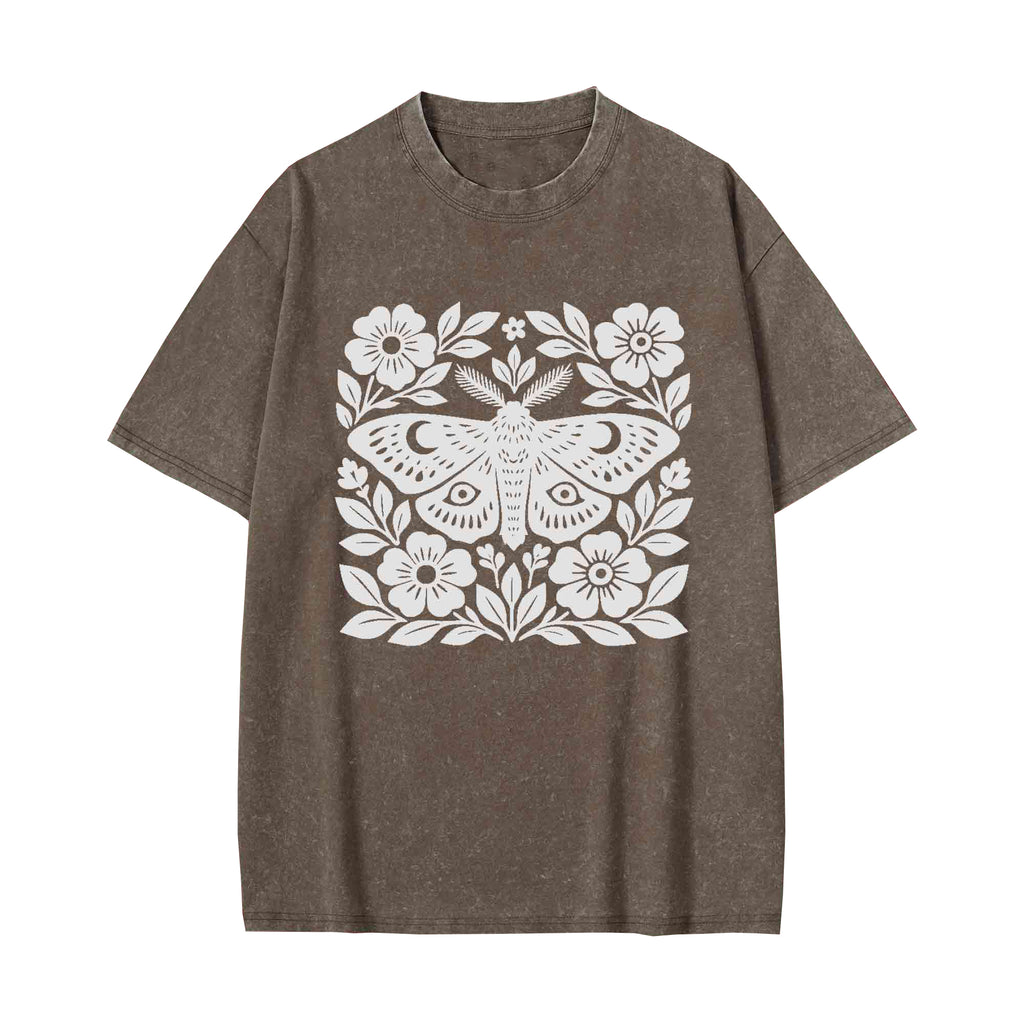Unisex Moth Block Printed Washed Tee