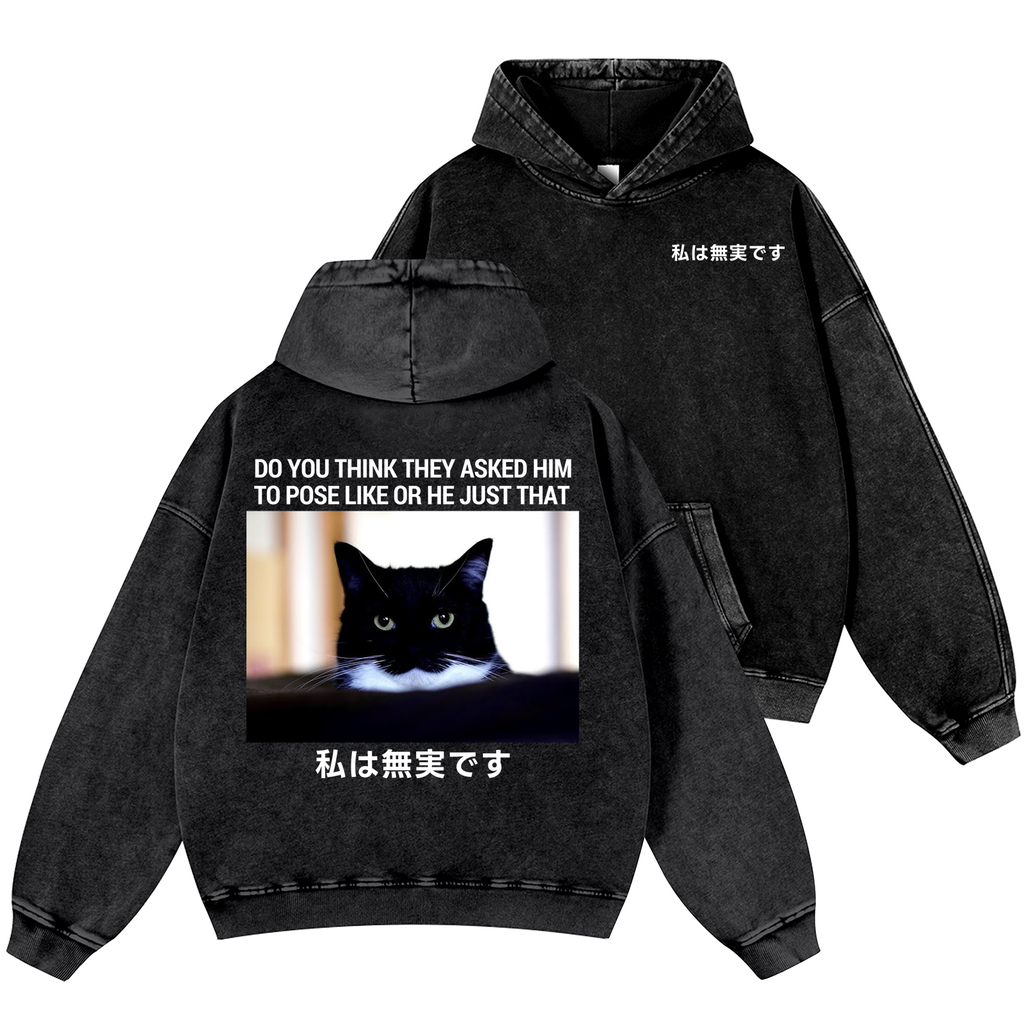 Cat Vintage Washed Cotton Back Art Hoodie