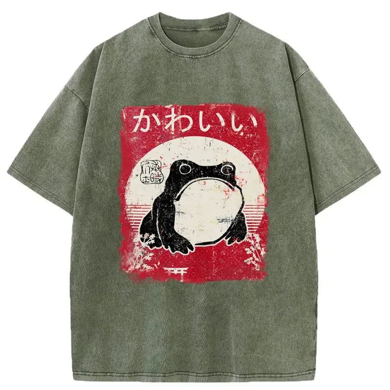 Woodblock Print Grumpy Frog Washed T-Shirt