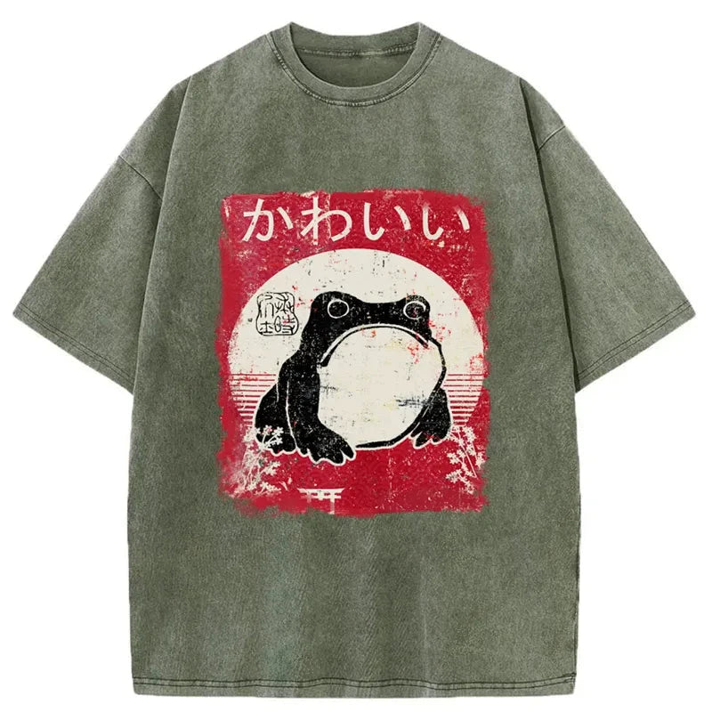 Woodblock Print Grumpy Frog Washed T-Shirt