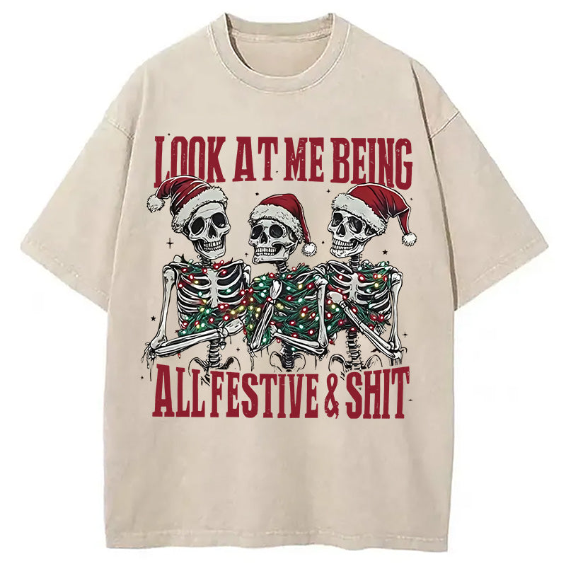 Funny Christmas Skull Washed T-Shirt
