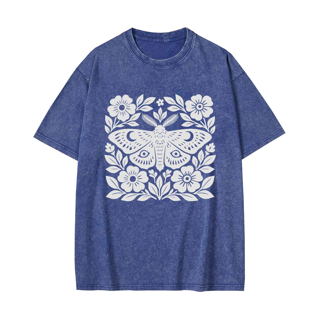 Unisex Moth Block Printed Washed Tee
