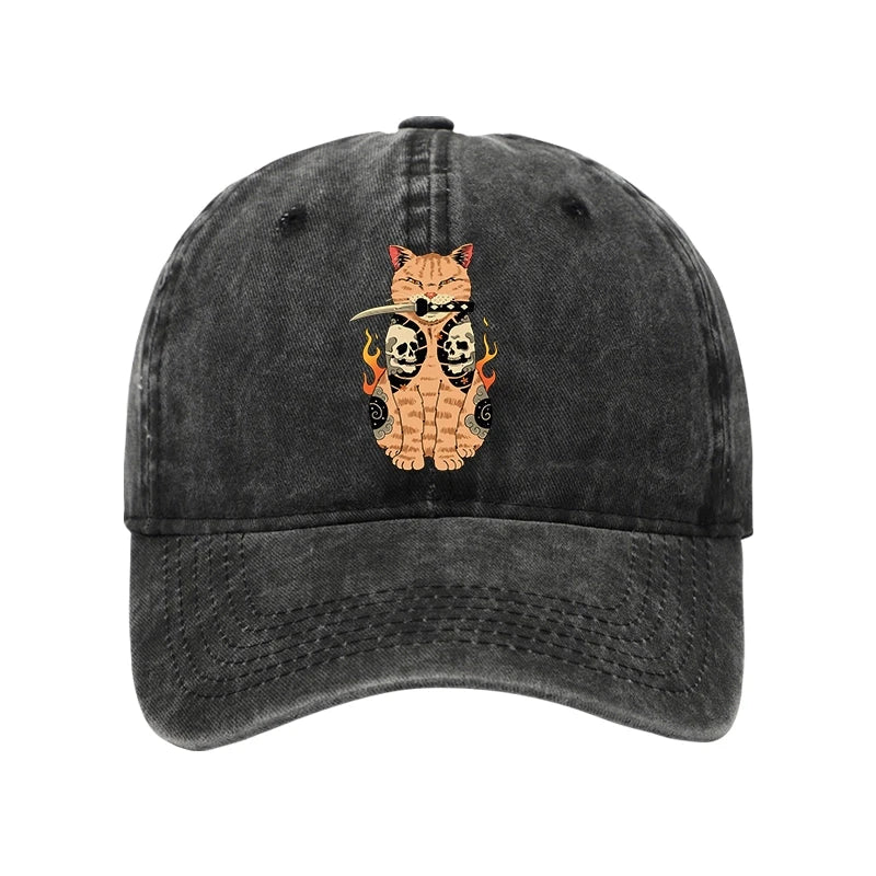 Catana Cat Skull Tattooed Samurai Washed Cap