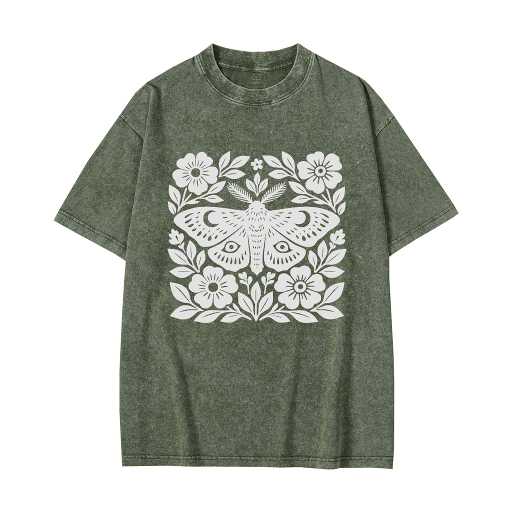 Unisex Moth Block Printed Washed Tee