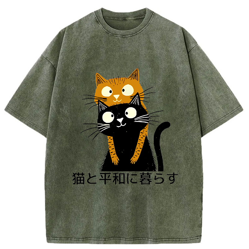Live Peacefully With Cats Washed T-Shirt