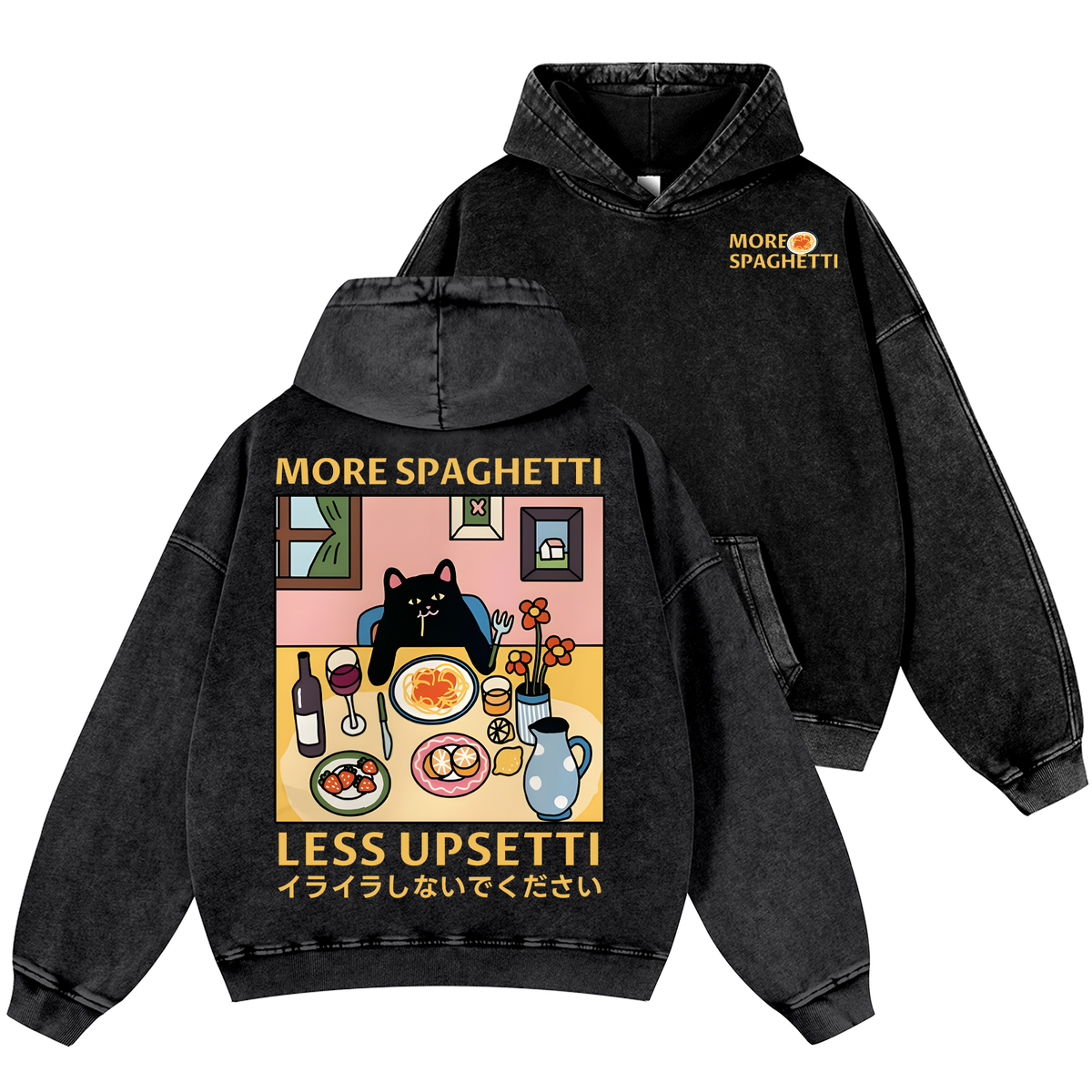 Spaghetti Cat Vintage Washed Cotton Back Art Hoodie
