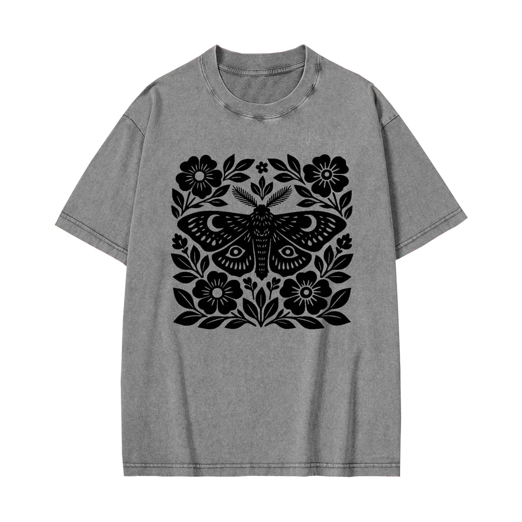 Unisex Moth Block Printed Washed Tee