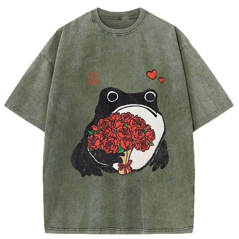 Romantic Frog Holding Roses Washed T-Shirt