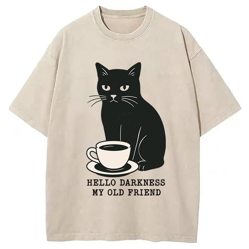 Black Cat Drinking Coffee Washed T-Shirt