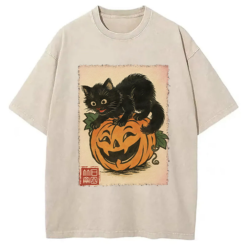 Black Cat And Pumpkin Washed T-Shirt