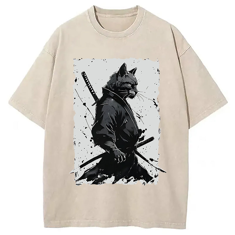 Handsome Samurai Cat Washed T-Shirt