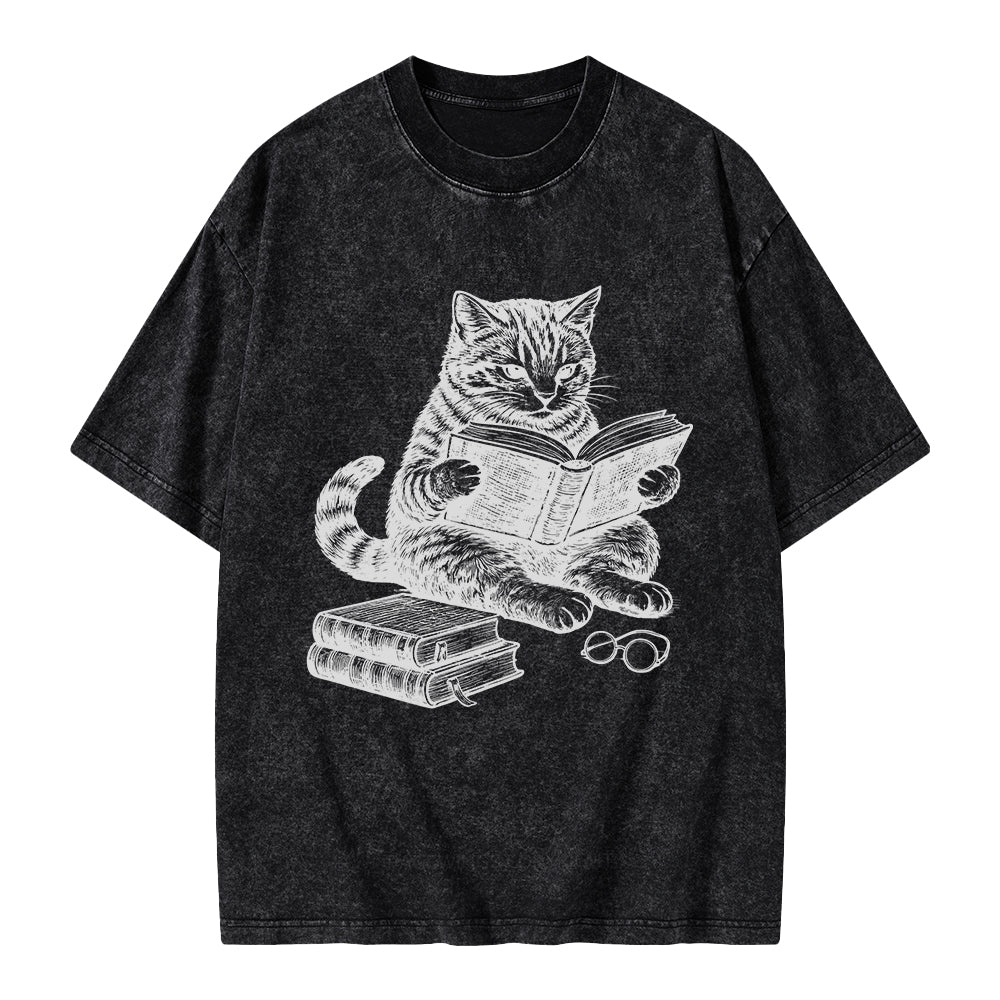 Unisex Cat Reading Book Printed Washed Tee