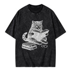 Unisex Cat Reading Book Printed Washed Tee
