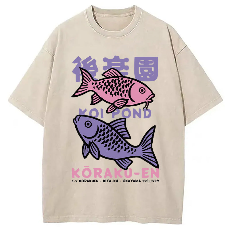 Koi Fish Pond Japanese Washed T-Shirt