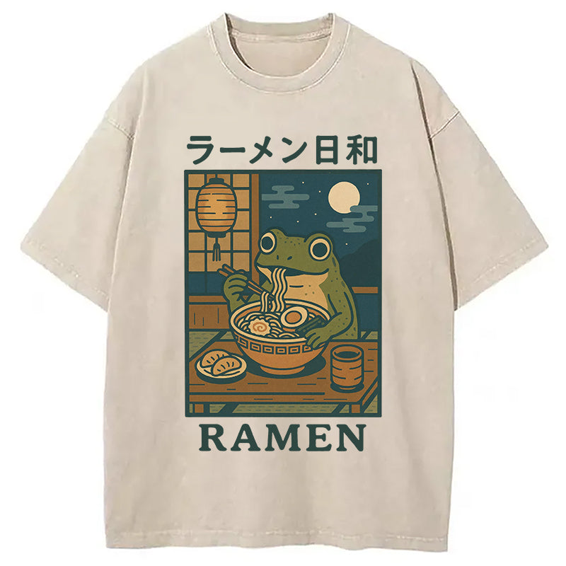 Japanese Frog Eating Ramen Washed T-Shirt