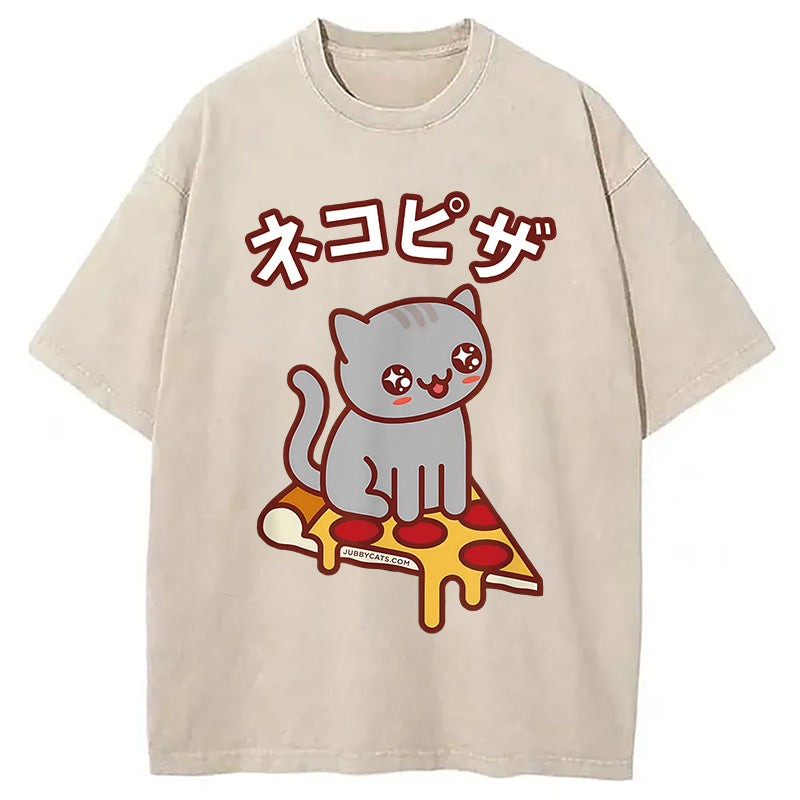 Super Kawaii Japanese Pizza Cat Washed T-Shirt