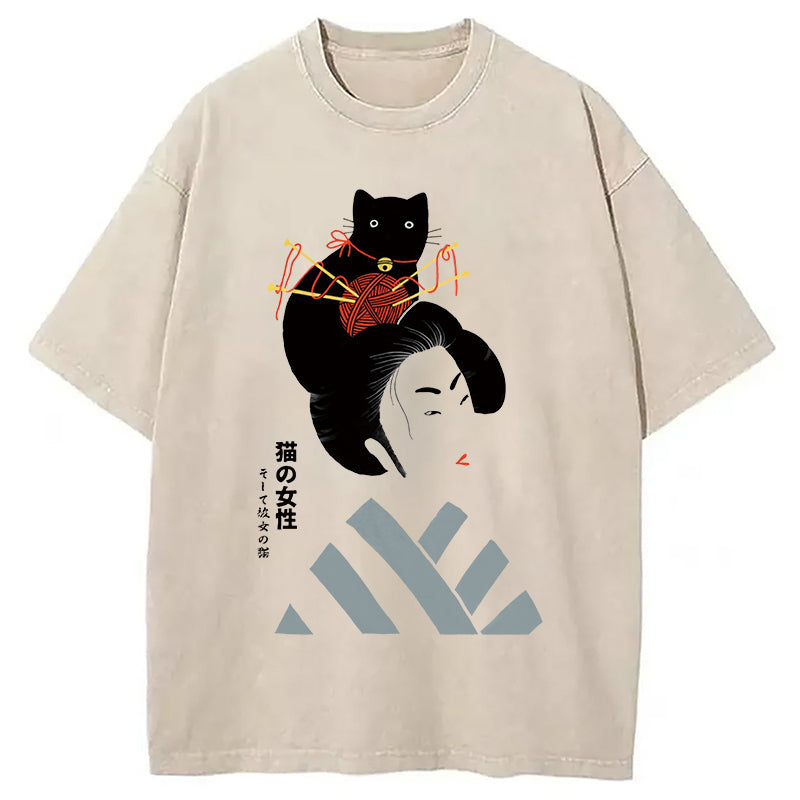 Geisha And Cat Washed T-Shirt