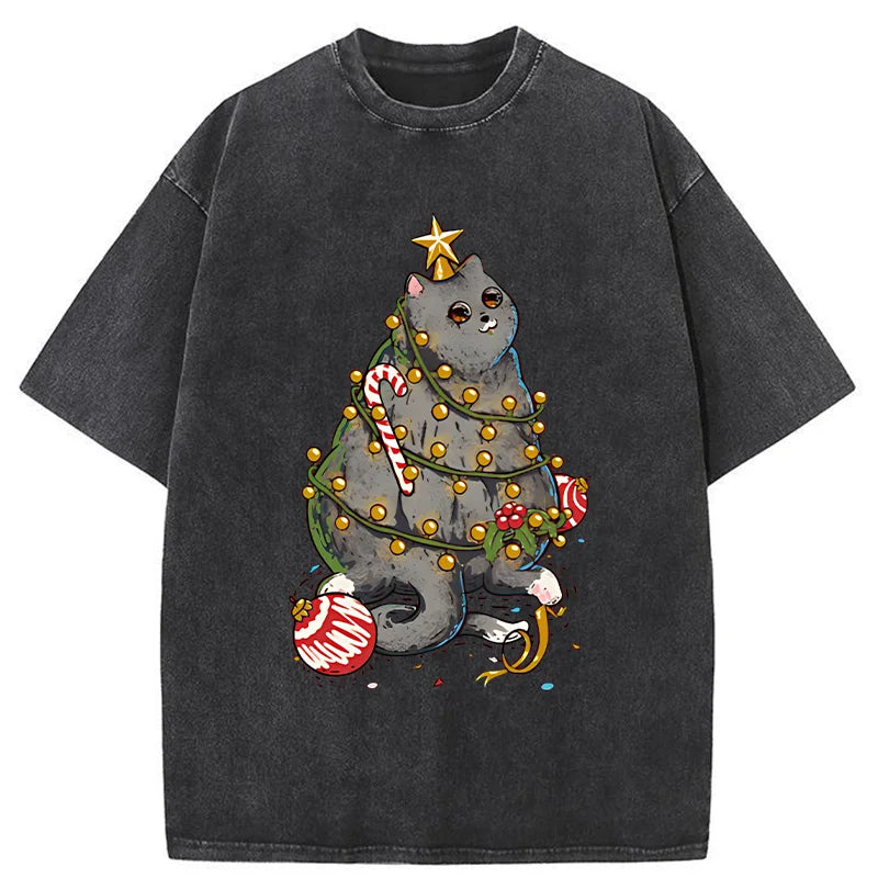 Unisex Christmas Decoration Cat Washed T-Shirt